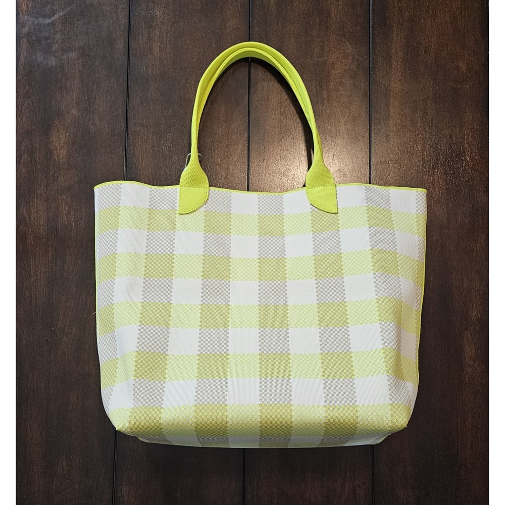 Rothy's The Lightweight Tote Bag in Citrus Gingham Plaid Neon Yellow - Picture 2 of 6